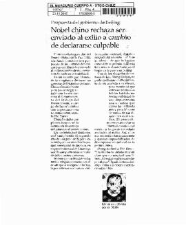 Nobel chino rechaza ser enviado al exilio a cambio de declararse culpable.