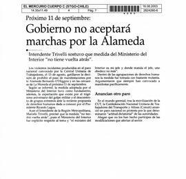 Próximo 11 de septiembre: Gobierno no aceptará marchas por la Alameda