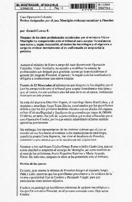 Caso Operación Colombo: Peritos designados por el juez Montiglio rechazan examinar a Pinochet.