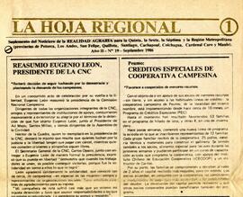 La Hoja Regional. Suplemento del Noticiero de la Realidad Agraria para la Quinta, la Sexta, la Sé...