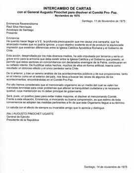 Intercambio de cartas con el General Augusto Pinochet para disolver el Comité Pro-Paz.